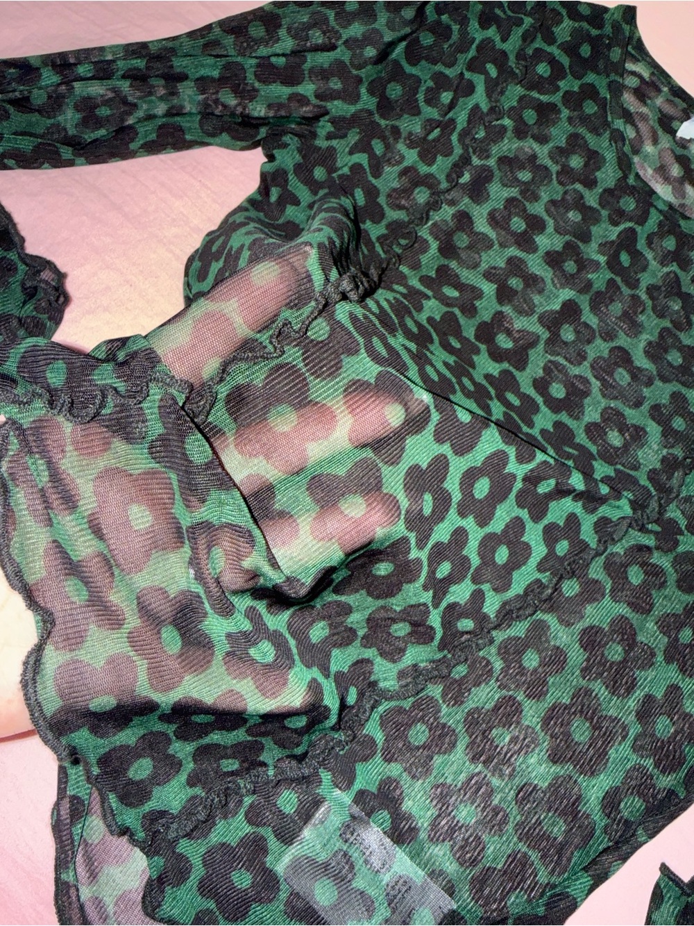 Urban Outfitters Green and Black Floral Mesh Top - Picture 3 of 3